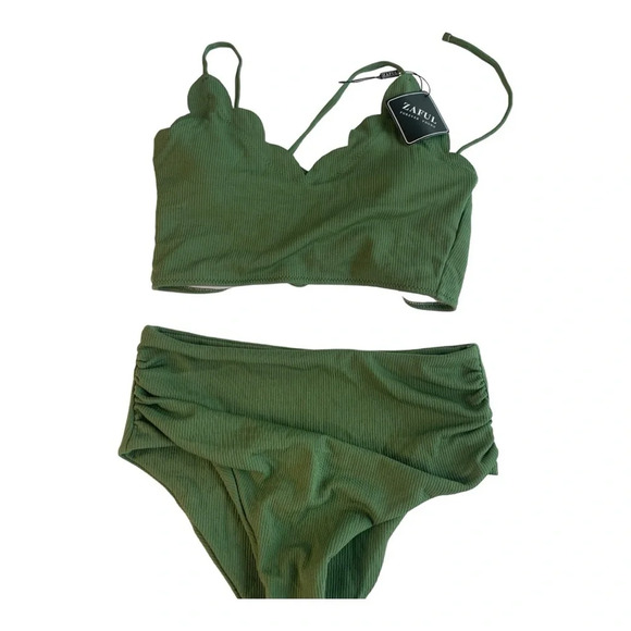 Zaful Ribbed Scalloped LaceUp TummyControl Tankini Green Size Small NWT - Picture 7 of 8